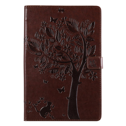 For Galaxy Tab S5e Pressed Printing Cat and Tree Pattern Horizontal Flip Leather Case with Holder & Card Slots & Wallet(Brown)-garmade.com