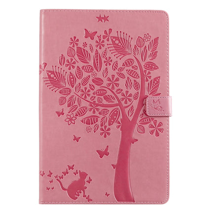 For Galaxy Tab S5e Pressed Printing Cat and Tree Pattern Horizontal Flip Leather Case with Holder & Card Slots & Wallet(Pink)-garmade.com