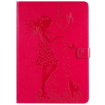 For iPad 10.2 / Pro 10.5 / Air 2019 Pressed Printing Woman and Cat Pattern Horizontal Flip Leather Case with Holder & Card Slots & Wallet(Rose Red)-garmade.com