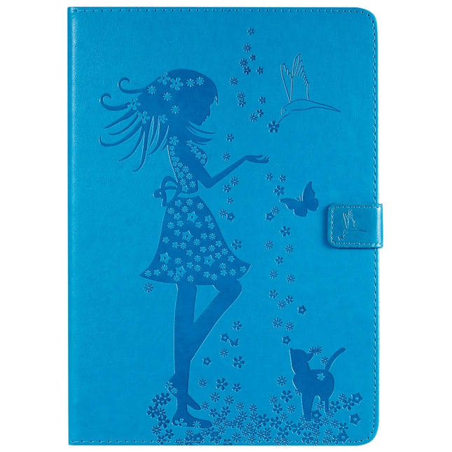 For iPad 10.2 / Pro 10.5 / Air 2019 Pressed Printing Woman and Cat Pattern Horizontal Flip Leather Case with Holder & Card Slots & Wallet(Blue)-garmade.com
