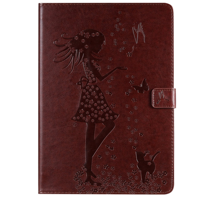 For iPad 10.2 / Pro 10.5 / Air 2019 Pressed Printing Woman and Cat Pattern Horizontal Flip Leather Case with Holder & Card Slots & Wallet(Brown)-garmade.com