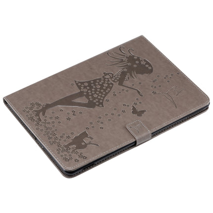 For iPad 10.2 / Pro 10.5 / Air 2019 Pressed Printing Woman and Cat Pattern Horizontal Flip Leather Case with Holder & Card Slots & Wallet(Grey)-garmade.com