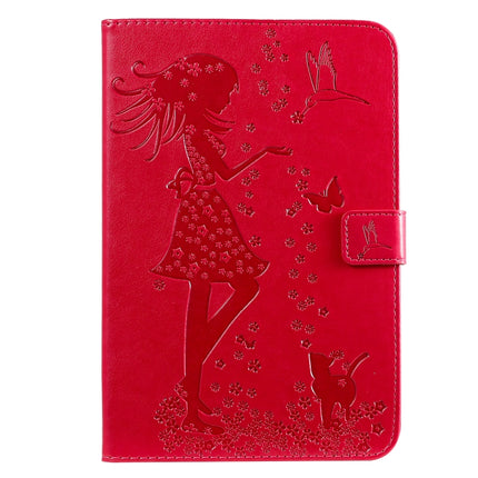 For iPad Mini 2019 & 4 & 3 & 2 & 1 Pressed Printing Woman and Cat Pattern Horizontal Flip Leather Case with Holder & Card Slots & Wallet(Rose Red)-garmade.com