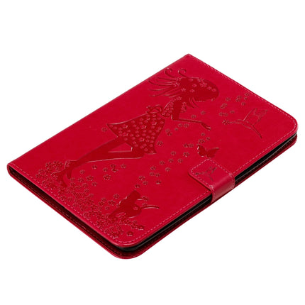 For iPad Mini 2019 & 4 & 3 & 2 & 1 Pressed Printing Woman and Cat Pattern Horizontal Flip Leather Case with Holder & Card Slots & Wallet(Rose Red)-garmade.com