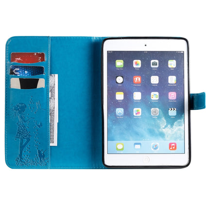 For iPad Mini 2019 & 4 & 3 & 2 & 1 Pressed Printing Woman and Cat Pattern Horizontal Flip Leather Case with Holder & Card Slots & Wallet(Blue)-garmade.com
