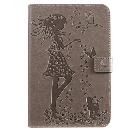 For iPad Mini 2019 & 4 & 3 & 2 & 1 Pressed Printing Woman and Cat Pattern Horizontal Flip Leather Case with Holder & Card Slots & Wallet(Grey)-garmade.com