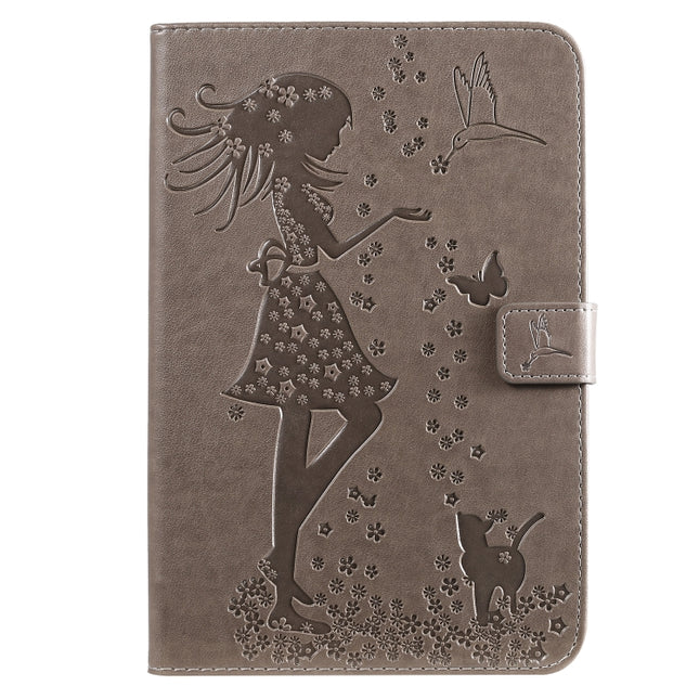 For iPad Mini 2019 & 4 & 3 & 2 & 1 Pressed Printing Woman and Cat Pattern Horizontal Flip Leather Case with Holder & Card Slots & Wallet(Grey)-garmade.com