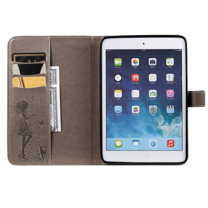 For iPad Mini 2019 & 4 & 3 & 2 & 1 Pressed Printing Woman and Cat Pattern Horizontal Flip Leather Case with Holder & Card Slots & Wallet(Grey)-garmade.com