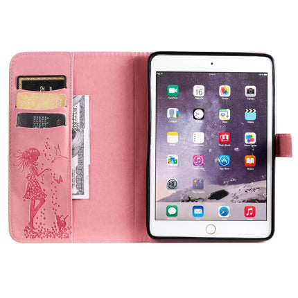 For iPad Mini 2019 & 4 & 3 & 2 & 1 Pressed Printing Woman and Cat Pattern Horizontal Flip Leather Case with Holder & Card Slots & Wallet(Pink)-garmade.com