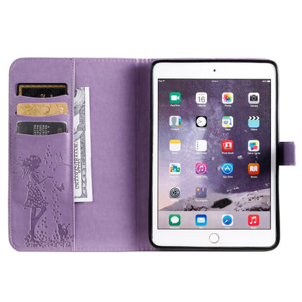For iPad Mini 2019 & 4 & 3 & 2 & 1 Pressed Printing Woman and Cat Pattern Horizontal Flip Leather Case with Holder & Card Slots & Wallet(Purple)-garmade.com