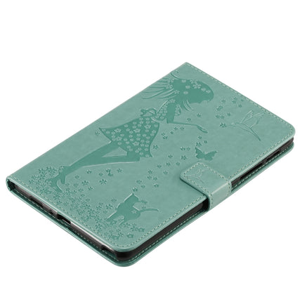 For Galaxy Tab A 8.0 & S Pen (2019) Pressed Printing Woman and Cat Pattern Horizontal Flip Leather Case with Holder & Card Slots & Wallet(Green)-garmade.com