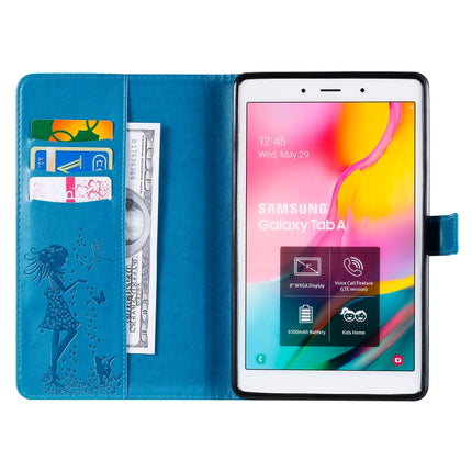 For Galaxy Tab A 8.0 (2019) T295/T290 Pressed Printing Woman and Cat Pattern Horizontal Flip Leather Case with Holder & Card Slots & Wallet(Blue)-garmade.com