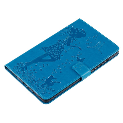For Galaxy Tab A 8.0 (2019) T295/T290 Pressed Printing Woman and Cat Pattern Horizontal Flip Leather Case with Holder & Card Slots & Wallet(Blue)-garmade.com