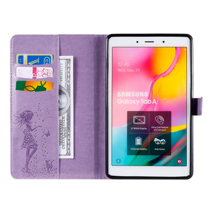 For Galaxy Tab A 8.0 (2019) T295/T290 Pressed Printing Woman and Cat Pattern Horizontal Flip Leather Case with Holder & Card Slots & Wallet(Purple)-garmade.com