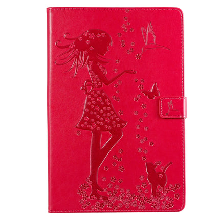For Galaxy Tab S5e Pressed Printing Woman and Cat Pattern Horizontal Flip Leather Case with Holder & Card Slots & Wallet(Rose Red)-garmade.com