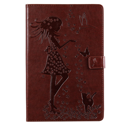 For Galaxy Tab S5e Pressed Printing Woman and Cat Pattern Horizontal Flip Leather Case with Holder & Card Slots & Wallet(Brown)-garmade.com