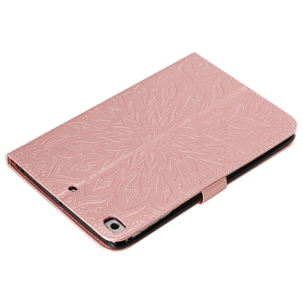 For iPad Mini 2019 & 4 & 3 & 2 & 1 Pressed Printing Sun Flower Pattern Horizontal Flip Leather Case with Holder & Card Slots & Wallet(Rose Gold)-garmade.com