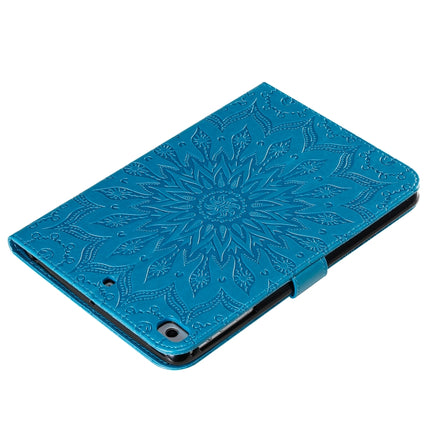 For iPad Mini 2019 & 4 & 3 & 2 & 1 Pressed Printing Sun Flower Pattern Horizontal Flip Leather Case with Holder & Card Slots & Wallet(Blue)-garmade.com