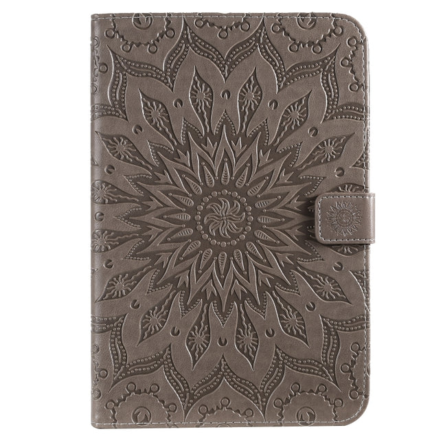 For iPad Mini 2019 & 4 & 3 & 2 & 1 Pressed Printing Sun Flower Pattern Horizontal Flip Leather Case with Holder & Card Slots & Wallet(Grey)-garmade.com