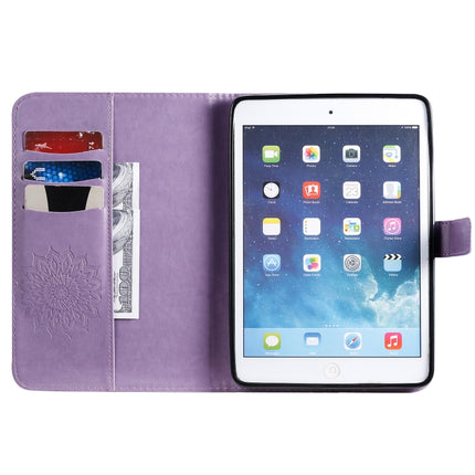 For iPad Mini 2019 & 4 & 3 & 2 & 1 Pressed Printing Sun Flower Pattern Horizontal Flip Leather Case with Holder & Card Slots & Wallet(Purple)-garmade.com