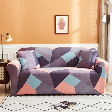 Double Seat Full Coverage Elastic Non-slip Sofa Cover(Rubik Cube Purple)-garmade.com