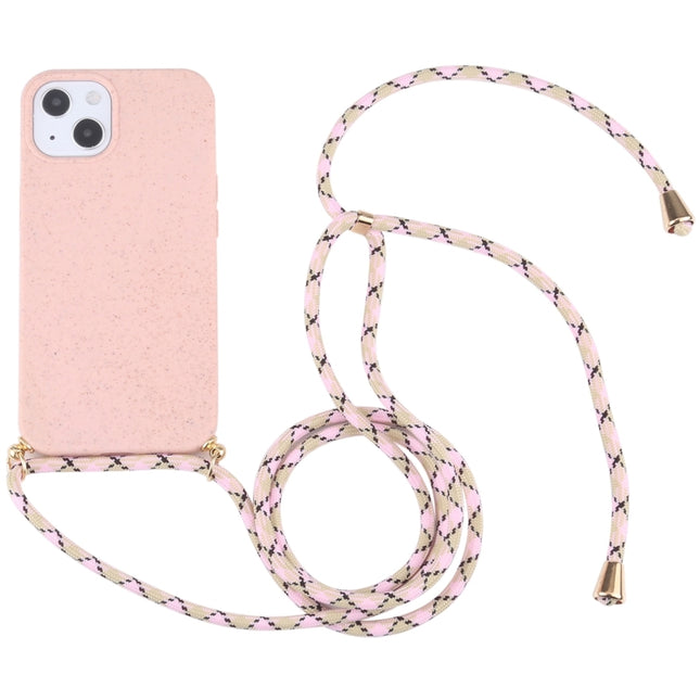 Wheat Straw Material + TPU Shockproof Case with Neck Lanyard For iPhone 13 mini(Pink)-garmade.com