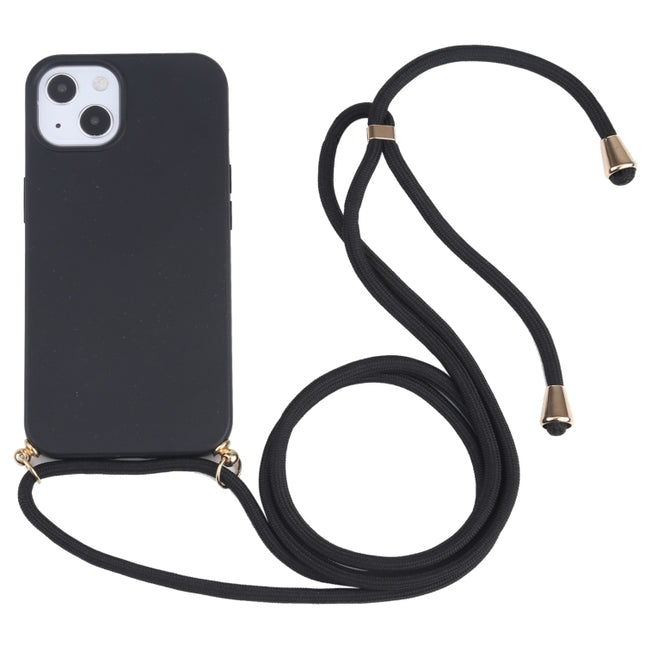 Wheat Straw Material + TPU Shockproof Case with Neck Lanyard For iPhone 13(Black)-garmade.com