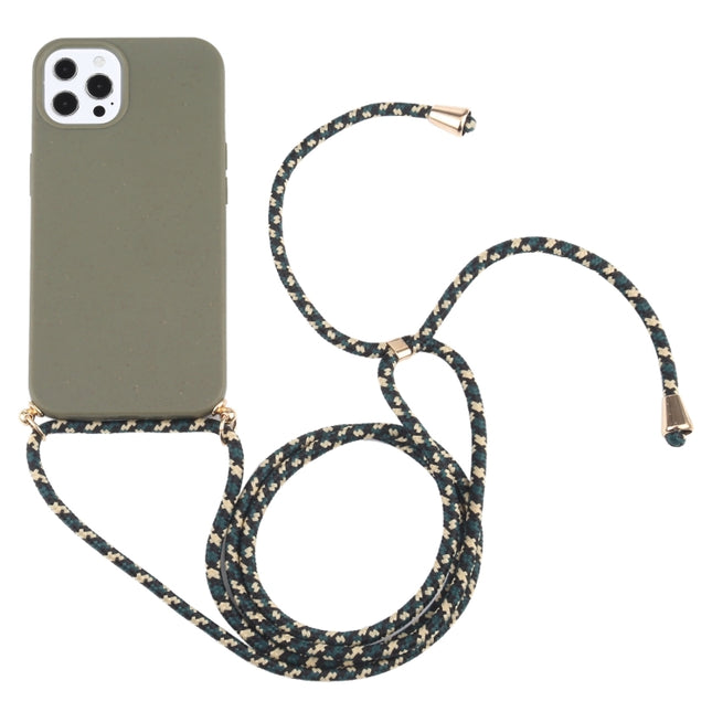 Wheat Straw Material + TPU Shockproof Case with Neck Lanyard For iPhone 13 Pro Max(Dark Green)-garmade.com