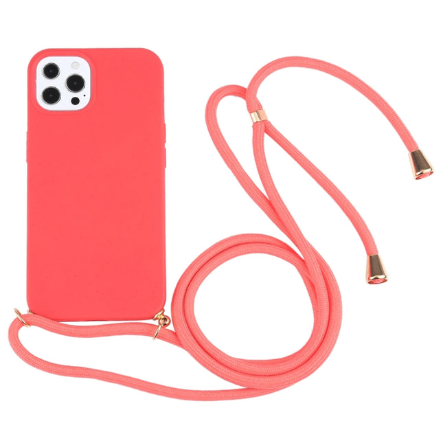 Wheat Straw Material + TPU Shockproof Case with Neck Lanyard For iPhone 13 Pro Max(Red)-garmade.com