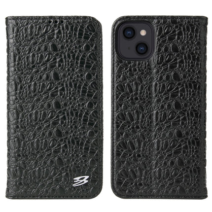 Fierre Shann Crocodile Texture Magnetic Horizontal Flip Genuine Leather Case with Holder & Card Slot For iPhone 13(Black)-garmade.com