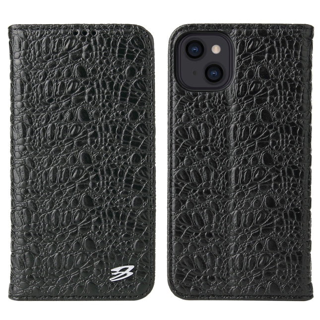 Fierre Shann Crocodile Texture Magnetic Horizontal Flip Genuine Leather Case with Holder & Card Slot For iPhone 13(Black)-garmade.com