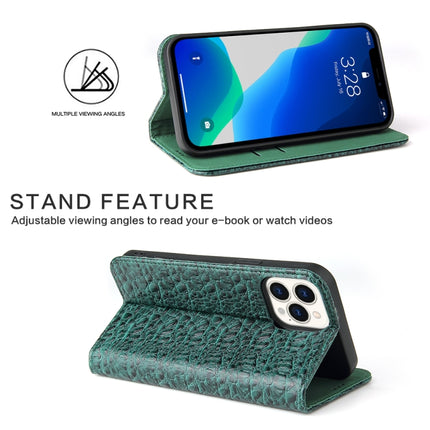 Fierre Shann Crocodile Texture Magnetic Horizontal Flip Genuine Leather Case with Holder & Card Slot For iPhone 13 Pro(Green)-garmade.com