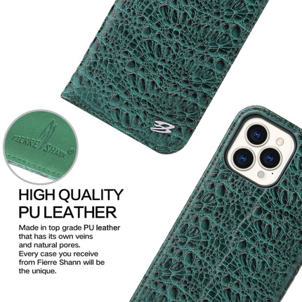 Fierre Shann Crocodile Texture Magnetic Horizontal Flip Genuine Leather Case with Holder & Card Slot For iPhone 13 Pro(Green)-garmade.com