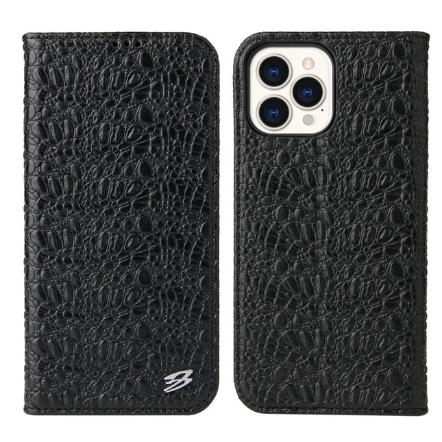Fierre Shann Crocodile Texture Magnetic Horizontal Flip Genuine Leather Case with Holder & Card Slot For iPhone 13 Pro Max(Black)-garmade.com