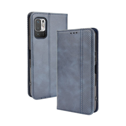 For Xiaomi Redmi Note 10 Magnetic Buckle Retro Crazy Horse Texture Horizontal Flip Leather Case with Holder & Card Slots & Photo Frame(Blue)-garmade.com