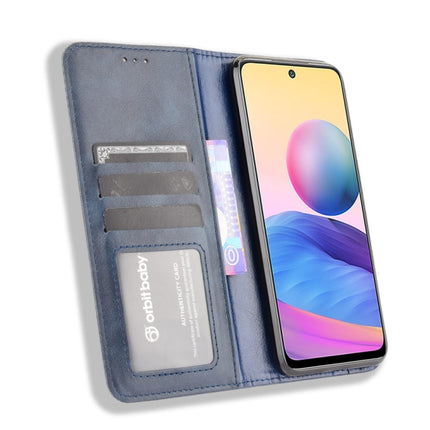 For Xiaomi Redmi Note 10 Magnetic Buckle Retro Crazy Horse Texture Horizontal Flip Leather Case with Holder & Card Slots & Photo Frame(Blue)-garmade.com