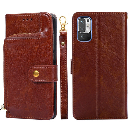 Zipper Bag PU + TPU Horizontal Flip Leather Case with Holder & Card Slot & Wallet & Lanyard For Xiaomi Redmi Note 10 5G(Brown)-garmade.com