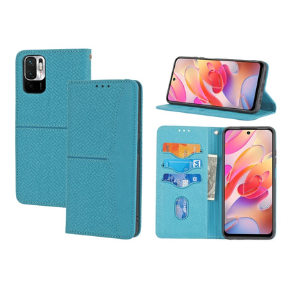 For Xiaomi Redmi Note 10 Woven Texture Stitching Magnetic Horizontal Flip PU Leather Case with Holder & Card Slots & Wallet & Lanyard(Blue)-garmade.com