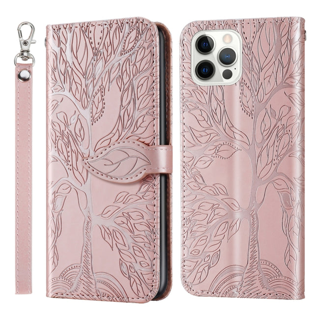 Life of Tree Embossing Pattern Horizontal Flip Leather Case with Holder & Card Slot & Wallet & Photo Frame & Lanyard For iPhone 13 Pro Max(Rose Gold)-garmade.com
