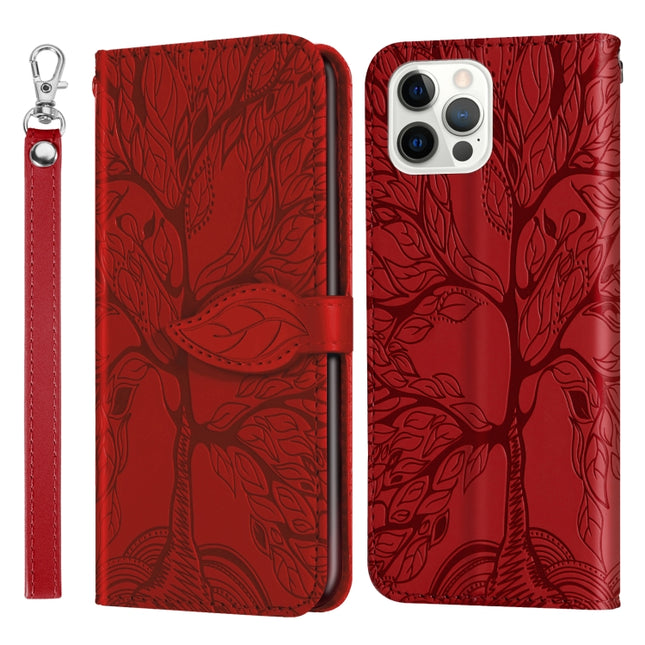 Life of Tree Embossing Pattern Horizontal Flip Leather Case with Holder & Card Slot & Wallet & Photo Frame & Lanyard For iPhone 13 Pro Max(Red)-garmade.com