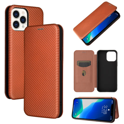 Carbon Fiber Texture Magnetic Horizontal Flip TPU + PC + PU Leather Case with Card Slot For iPhone 13 Pro Max(Brown)-garmade.com