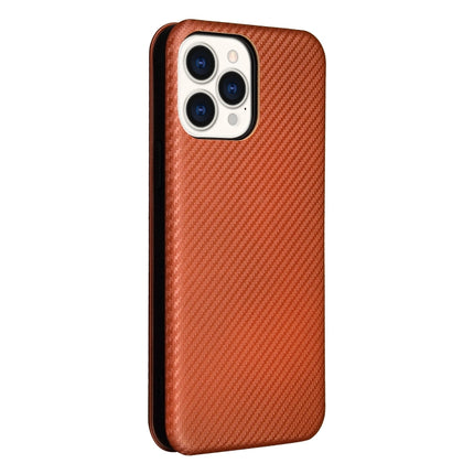 Carbon Fiber Texture Magnetic Horizontal Flip TPU + PC + PU Leather Case with Card Slot For iPhone 13 Pro Max(Brown)-garmade.com