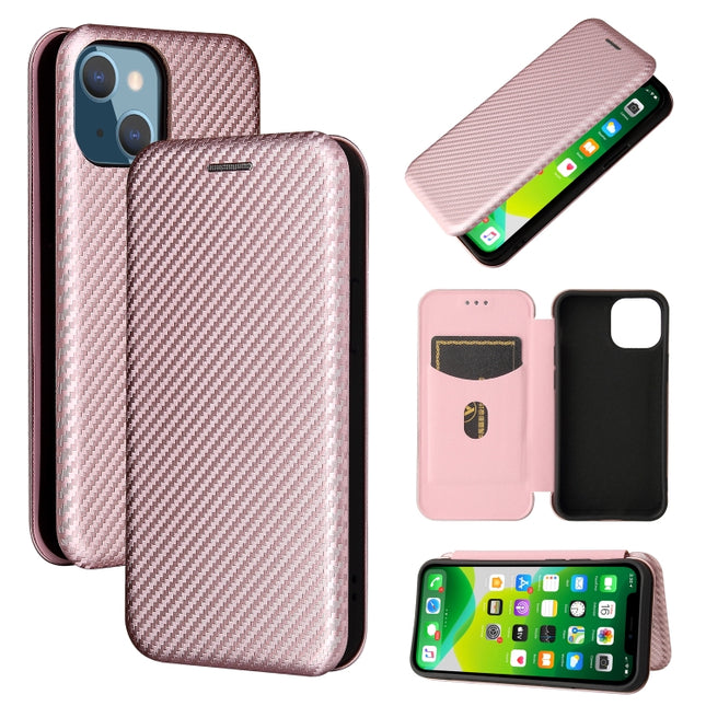 Carbon Fiber Texture Magnetic Horizontal Flip TPU + PC + PU Leather Case with Card Slot For iPhone 13 mini(Pink)-garmade.com