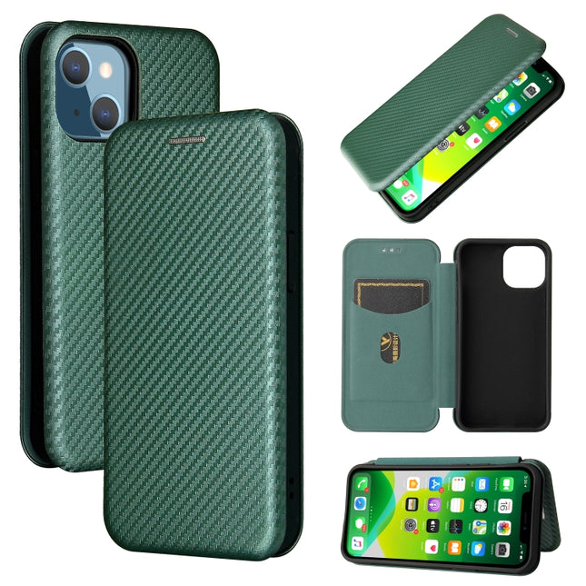 Carbon Fiber Texture Magnetic Horizontal Flip TPU + PC + PU Leather Case with Card Slot For iPhone 13 mini(Green)-garmade.com