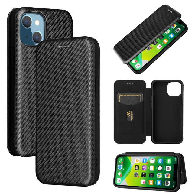 Carbon Fiber Texture Magnetic Horizontal Flip TPU + PC + PU Leather Case with Card Slot For iPhone 13 mini(Black)-garmade.com