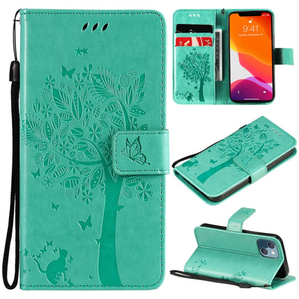Tree & Cat Pattern Pressed Printing Horizontal Flip PU Leather Case with Holder & Card Slots & Wallet & Lanyard For iPhone 13 mini(Green)-garmade.com