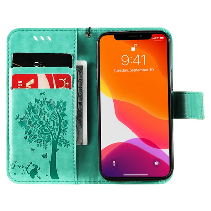 Tree & Cat Pattern Pressed Printing Horizontal Flip PU Leather Case with Holder & Card Slots & Wallet & Lanyard For iPhone 13 mini(Green)-garmade.com