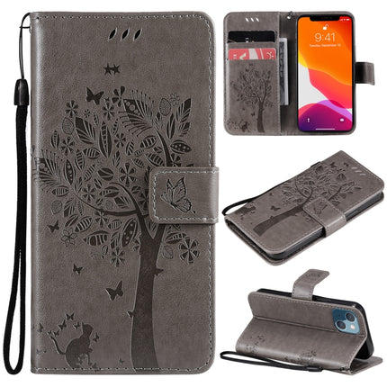 Tree & Cat Pattern Pressed Printing Horizontal Flip PU Leather Case with Holder & Card Slots & Wallet & Lanyard For iPhone 13 mini(Grey)-garmade.com