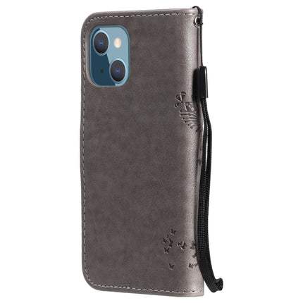 Tree & Cat Pattern Pressed Printing Horizontal Flip PU Leather Case with Holder & Card Slots & Wallet & Lanyard For iPhone 13 mini(Grey)-garmade.com