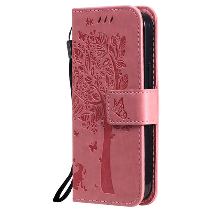 Tree & Cat Pattern Pressed Printing Horizontal Flip PU Leather Case with Holder & Card Slots & Wallet & Lanyard For iPhone 13 mini(Pink)-garmade.com